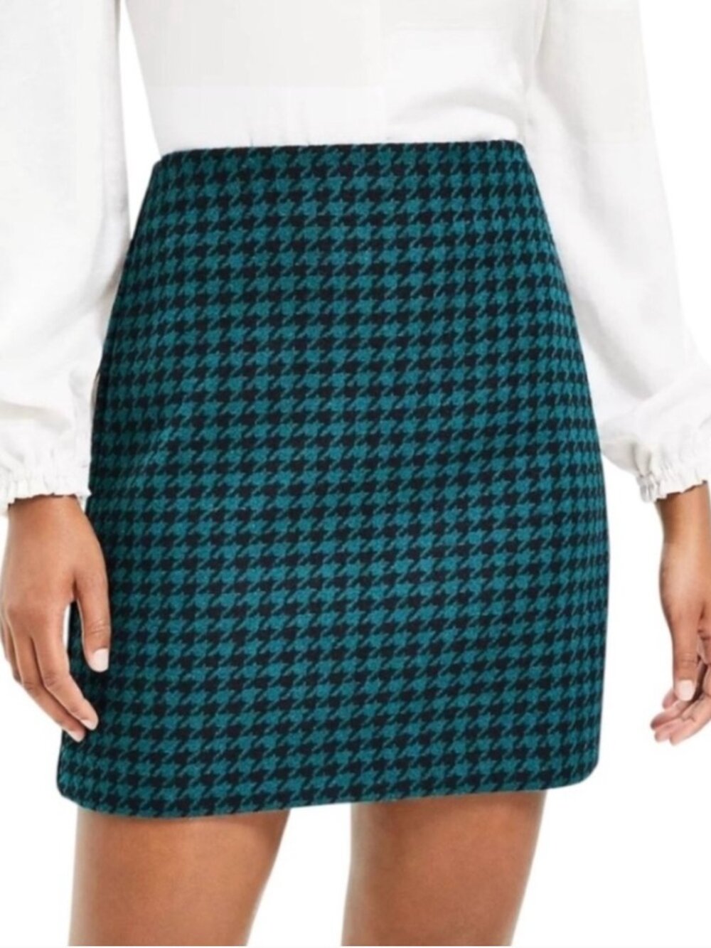 LOFT Houndstooth Teal and Black A-Line Mini Skirt